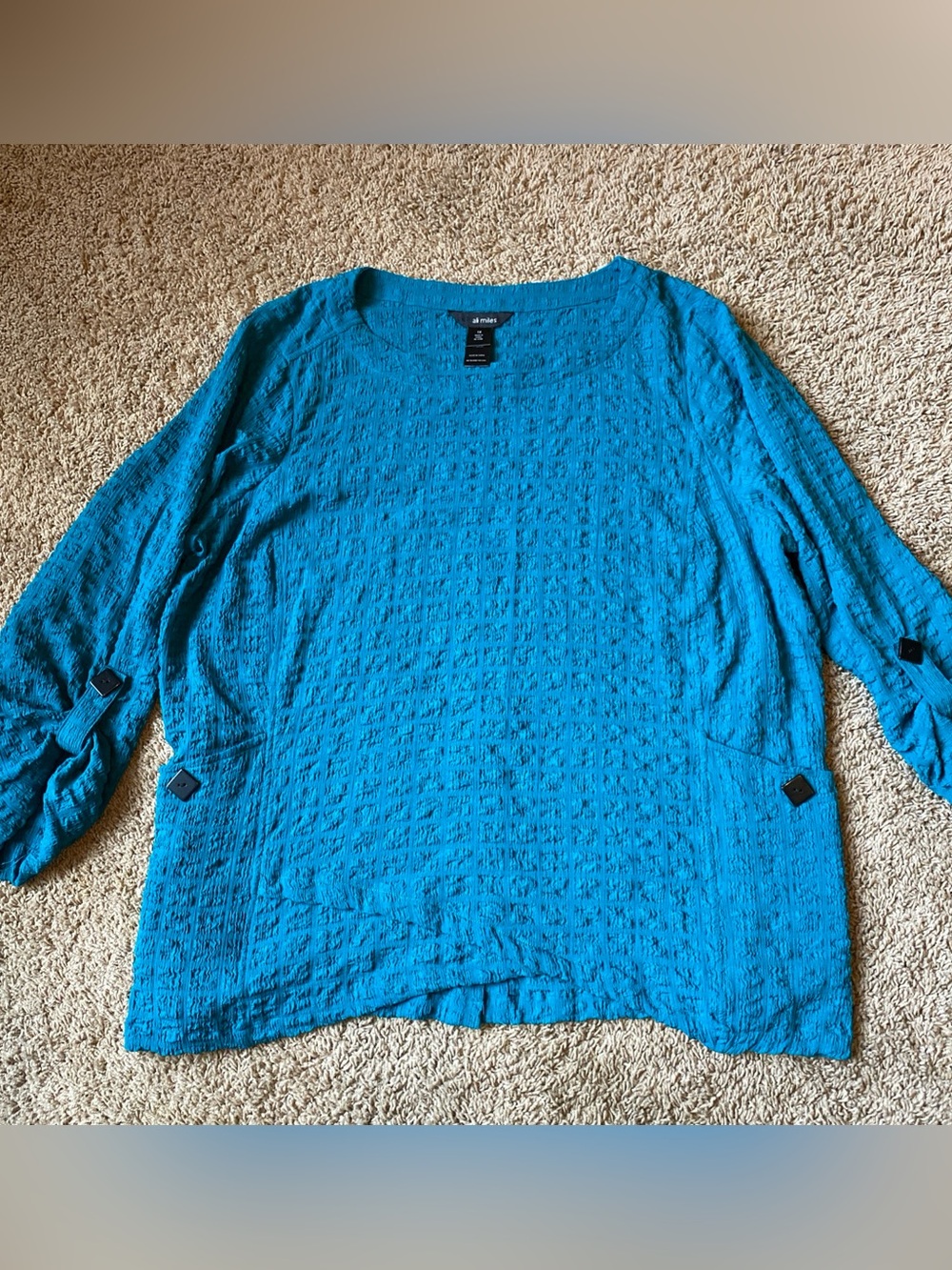 Ali Miles Tunic Top Womens 1X Teal Textured Classy Lagenlook 3/4 Artsy Luxury